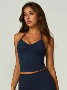 UONNOU 3pcs Women's Sports Shaping Tank Tops, Halter Neck Ruched Design, Removable Pads, Off Shoulder & Open Back, Fitness Workout - Multicolor - View 4