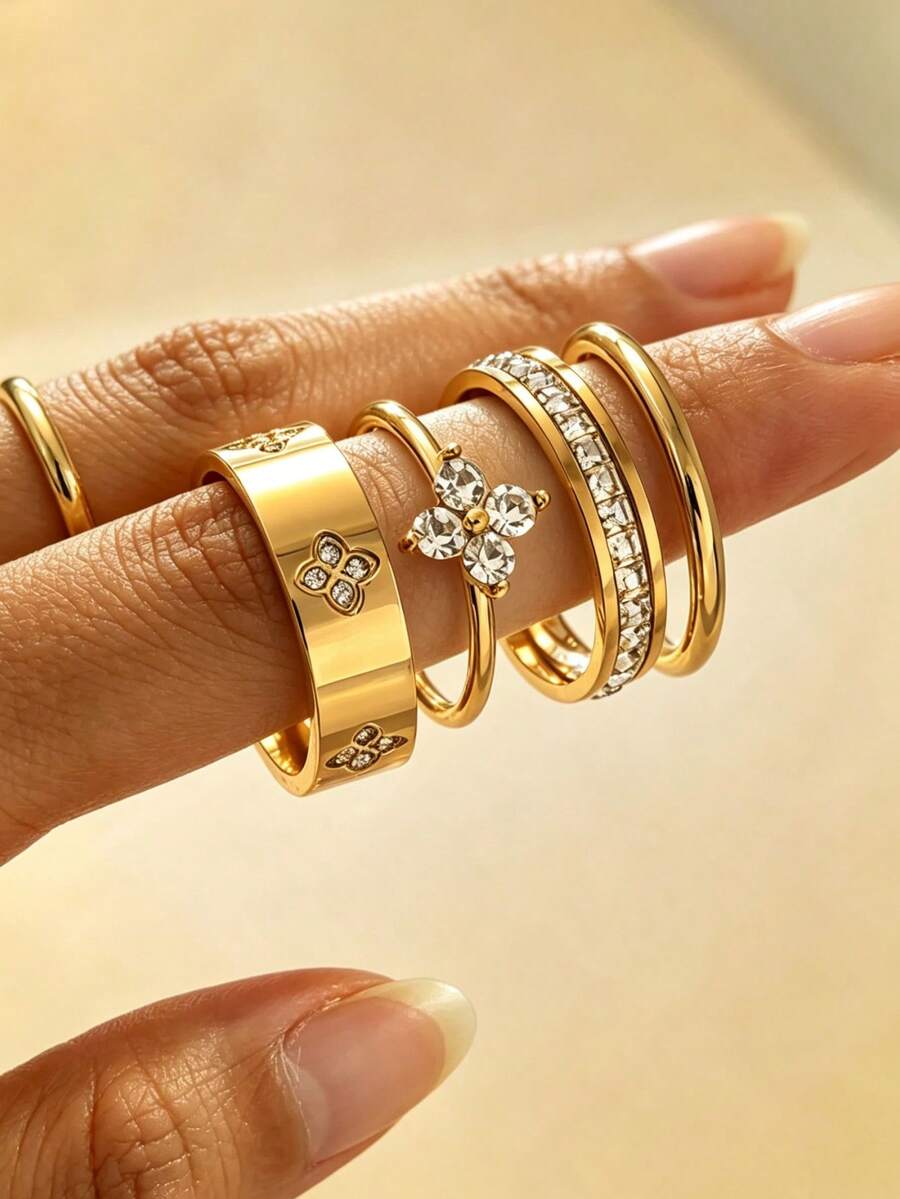 4 st 18K guldbelagda ringar i rostfritt stål, stapelbara ringar, klöverdesign, Ins-stil, vattentäta smycken, eleganta ringar, ädelstensringar, guldsmyckesset, utsökt present