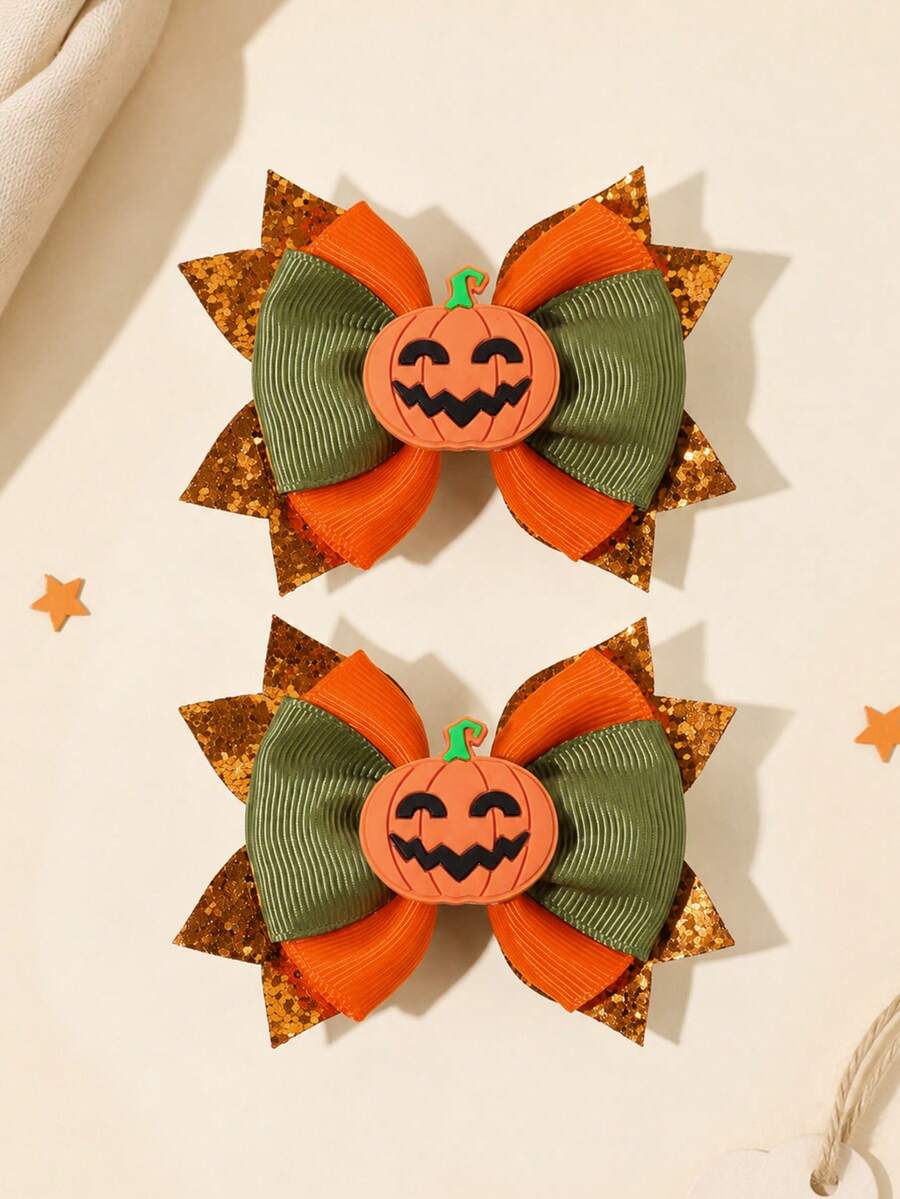 2pcs Thanksgiving Turkey Bow Hair Clips,Multicolor Glitter Ribbon Alligator Clips,Cute Autumn Hair Accessories Gift For Girl Kid Party Holiday Wear No Card - Multicolor - View 1