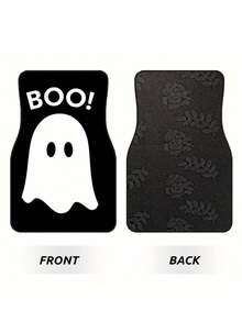 4-Piece Non-Slip Polyester Car Floor Mats – "Happy Halloween" BOO Ghost/Spooky Design – Suitable For Sedans And SUVs – Interior Accessories – Floor Protection - A - View 5