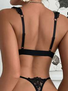 Women's Front Closure Deep V Neck Lace Bra Set Black Thin Cup Design Wireless Sexy Bra And Thong - Black - View 2