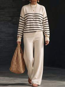 Women's Striped Round Neck Long Sleeve Knit Sweater And Wide Leg Pants Set, Casual 2 Pieces Loungewear For Autumn, Winter And Spring - Apricot Stripes - View 8