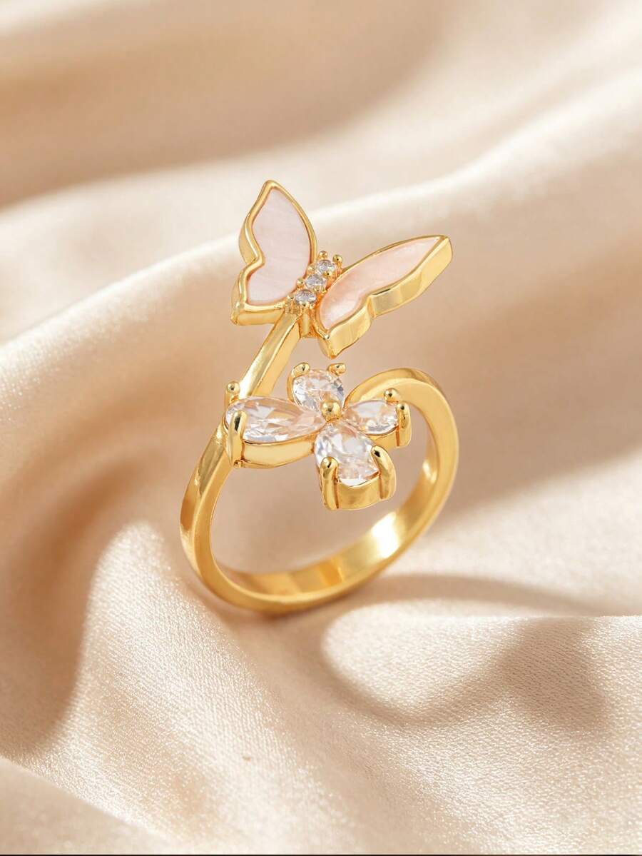 1 buah Cincin Terbuka Dua Kupu-kupu Berlapis Emas/Perak, Inlay Cangkang Merah Muda & Zirkonia, Cincin Pernyataan Kupu-kupu untuk Wanita, Perhiasan Jari untuk Pesta, Sehari-hari, Kencan - Berbentuk kupu-kupu & Berbentuk bunga - View 1