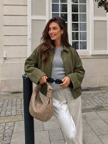 Women's Autumn Elegant Casual Green Faux Suede Zipper Long Sleeve Cropped Jacket, Suitable For Office, Outings And Vacation - Dark Green - View 2