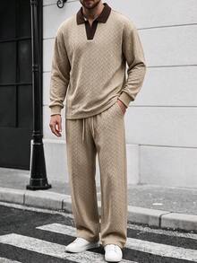Men's 2 Pieces Casual Business Solid Color Jacket And Pants Set, Versatile Everyday Sporty Outfit - Khaki - View 1