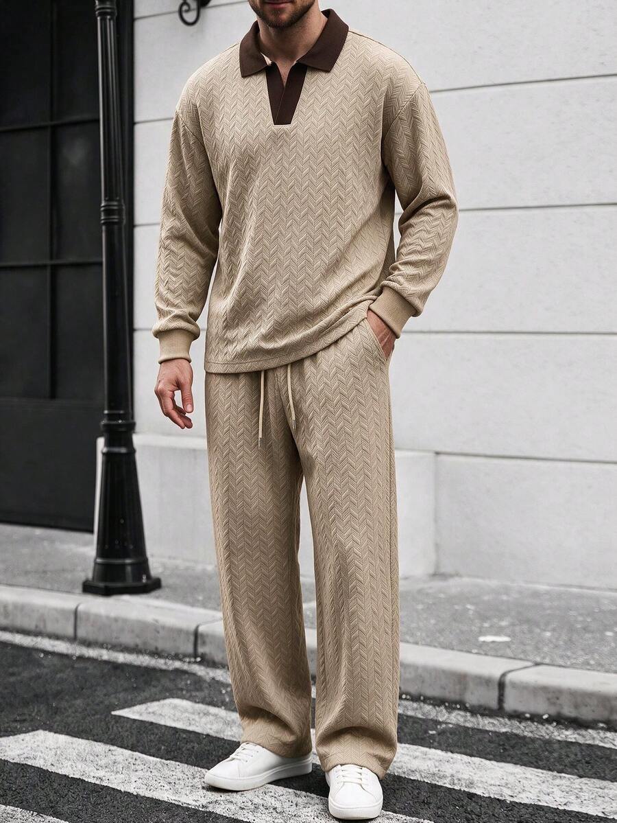 Men's 2 Pieces Casual Business Solid Color Jacket And Pants Set, Versatile Everyday Sporty Outfit - Khaki - View 1