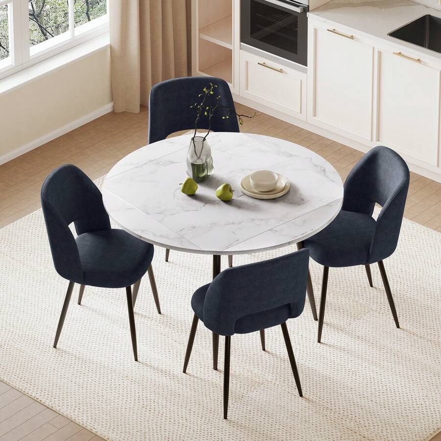 Modern White Marble Extendable Kitchen Table With Corduroy Upholstered Chairs For Dining Room, Kitchen - White Table + Dark Blue Chair - View 1