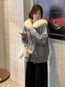 Slouchy Soft Fluffy Knit Cardigan Jacket For Women, Autumn/Winter, Fur Collar Hooded Zipper Front - Grey - View 5