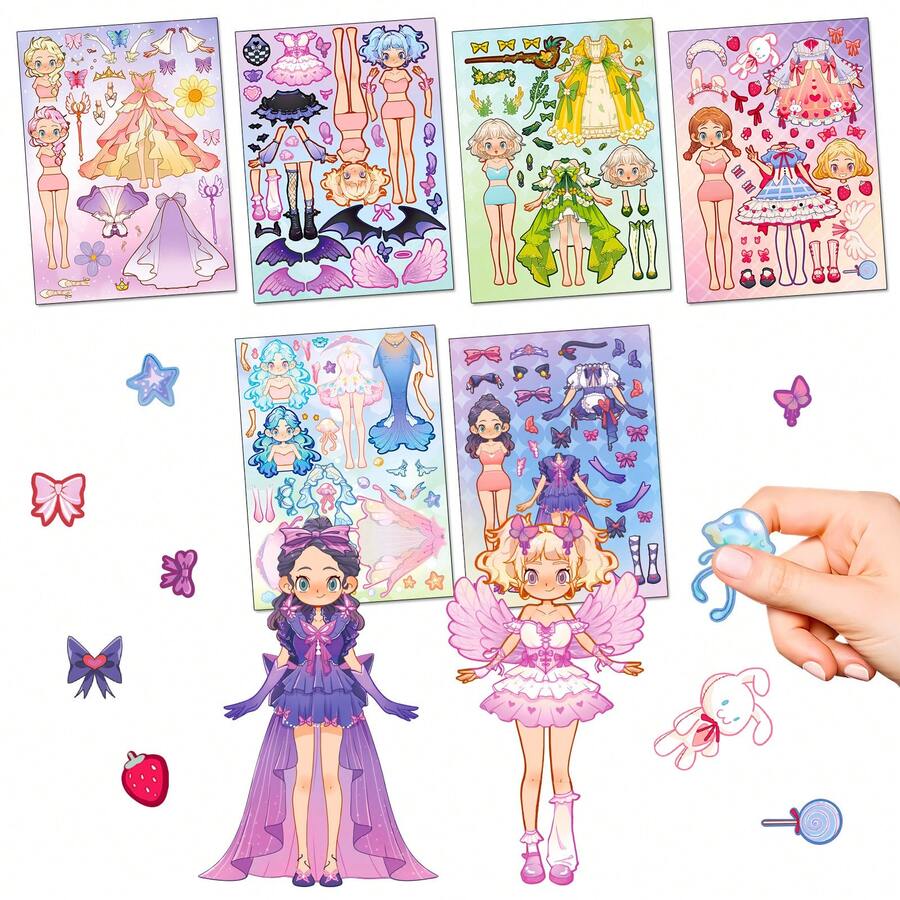 6Sheets Princess Dress Up Cartoon Stickers, Princess Stickers Fashion Outfit Mix And Match Stickers, Creative DIY Toy, Ideal Birthday & Back To School Gift For Girls - Multicolor - View 1