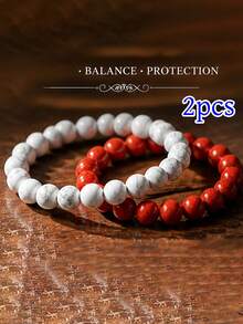 YAUKIA Boho Howlite Memory Bracelet , Promote Serenity Of Mind , Emotional Healing ,Brings Abundance , Yoga Meditation Simple Jewelry For Women Men - 2Pcs White/Red - View 16