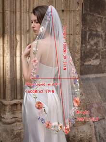 Colorful Floral Embroidered Bridal Veil, Dreamy Tulle Veil For Garden Wedding - Multicolor - View 8