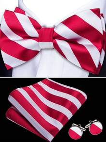 4Pcs Men Red‑White Striped Bow Tie Pocket Square Cufflinks Boutonniere Set For Wedding Business Party - Red - View 6