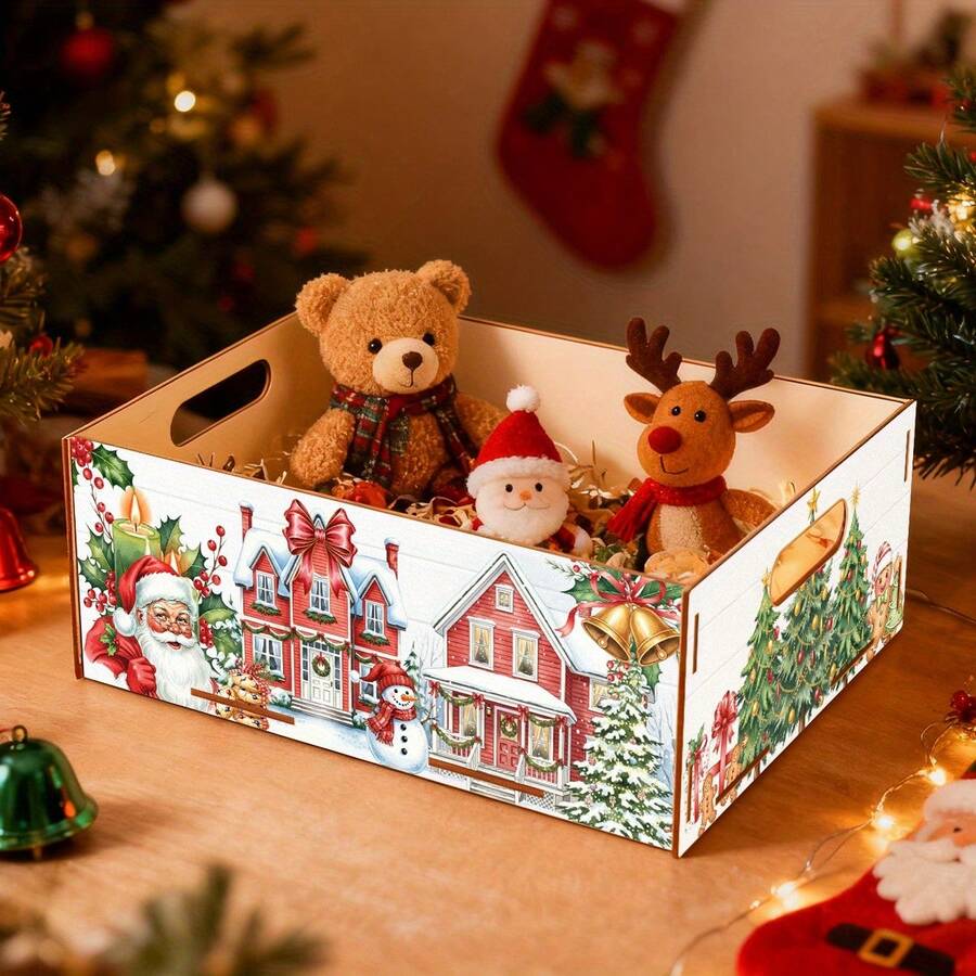 Rustic Farmhouse Style Christmas Storage Box, Made Of Durable Wood With Santa Claus Design, Perfect For Holiday Home Decor As A Gift Box And For Storing Seasonal Decorations - Multicolor - View 1