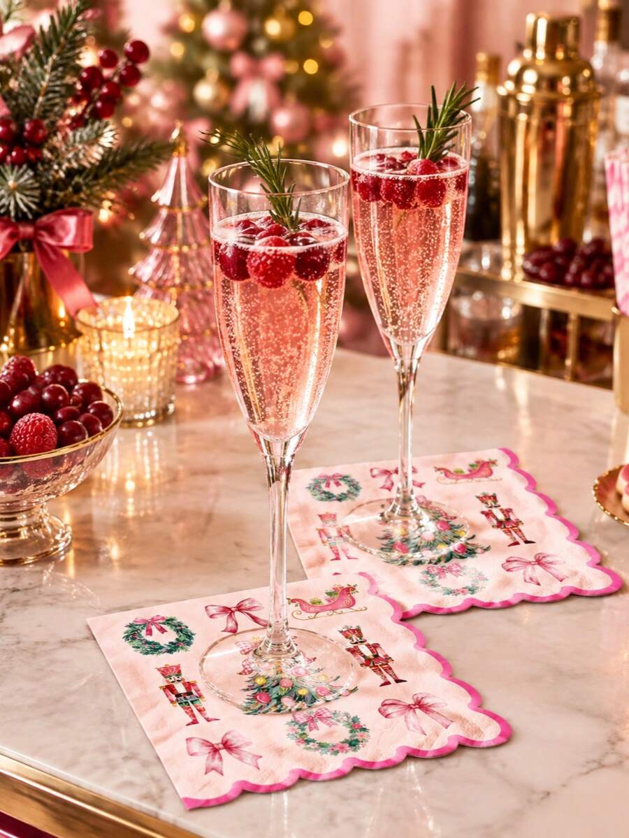 Christmas Scalloped Paper Napkins, Pink Watercolor Nutcracker & Wreath Design Disposable Cocktail Napkins For Holiday Party Table Decor - Multicolor - View 1