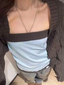 Patchwork Contrast Color Knitted Tube Top & Cable Knit Vest 2 Pieces Set - Brown - View 2