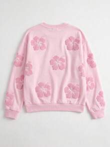 Women's All-Over Floral Print Crew Neck Sweatshirt, Casual Loose Fit Drop Shoulder Long Sleeve Pullover - Pink - View 3