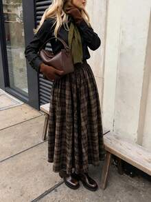 Women's Vintage Casual A-Line Midi Skirt, Plaid Pattern Brown Skirt, Suitable For Commuting, Shopping, Dating, Comfortable And Elegant - Brown - View 9