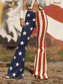 VEXHEIMA Western Style Women's Fashion National Flag-Inspired, Versatile, Color-Blocked Geometric Pattern, Multicolored Stripes Everyday Women's Pants - Multicolor - View 3