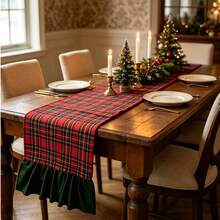 1pc Vintage Christmas Red & Green Plaid Table Runner With Pleated Ruffle Edge, Long Decorative Table Runner For Home Dining Table, Holiday Photography - Multicolor - View 4