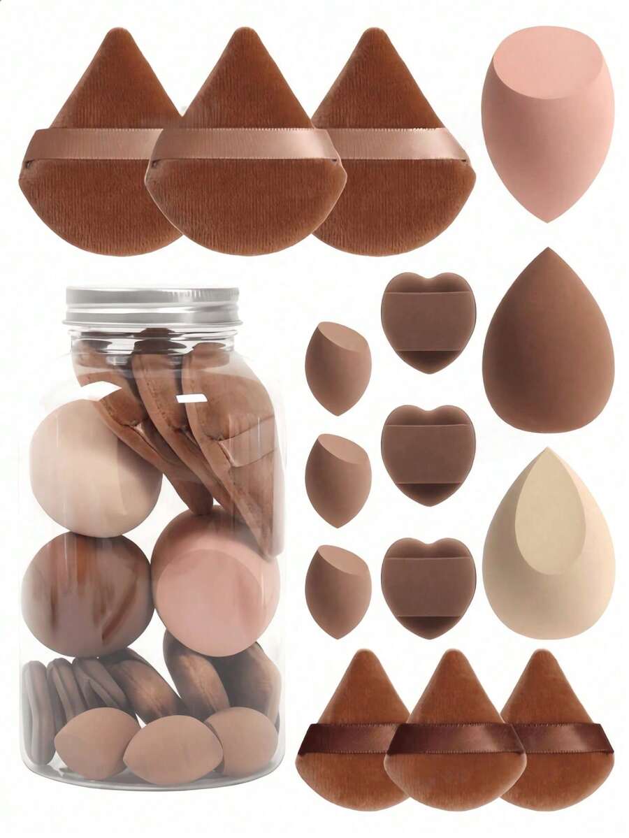 Random 9pcs Makeup Sponge Set, Random Packaging Bottle, Bag, Complete Set With 3 Regular Makeup Sponges, 3 Mini Makeup Sponges, 3 Powder Puffs, 3 Mini Powder Puffs, 3 Mini Finger Cushion Puffs; Foundation Makeup Sponge, Suitable For Liquid Foundation, Concealer, Loose Powder, Flawless Application; Multi-Color Makeup Sponge, Latex-Free Material, Dry And Wet Use - Multicolor - View 1