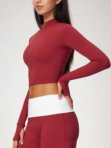 NcmRyu Women's 1pc Solid Color Stand Collar Zipper Thumb Hole Cuff Short Jacket Coat, Autumn/Winter - Red - View 10