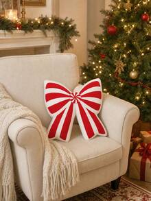 Mint Striped Bow Decor Throw Pillow, Red And White Ribbon Cushion, Suitable For Sofa Bed Chair, Sweet Style Christmas Holiday Home Decor Accent - Multicolor - View 4