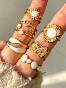 6pcs Fashion Ins Style Vintage Sunflower Moon Star Wave Geometric Oil Drop Rings Set, Stackable, Suitable For Women's Daily Commute, Party And Vacation Wear - White - View 2