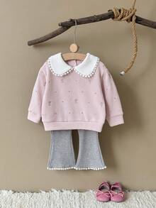 Set de 2 piezas de sudadera con cuello Peter Pan de manga larga con bordado floral y pantalones con volantes para niña bebé, para primavera/otoño - Rosa - Ver 15