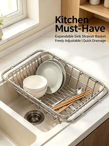 1pc Expandable Rustproof Stainless Steel Over Sink Dish Drainer Basket, Adjustable Telescopic Kitchen Sink Storage Rack, Dish Drying Holder For Plates, Bowls, Chopsticks & Tableware, Space Saving Kitchen Counter Organizer Home Gadget - Multicolor - View 9
