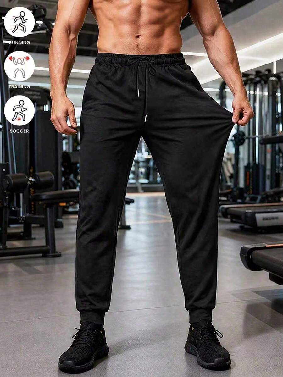 Men's Cuffed Casual Sports Pants, Loose Fit Versatile Tapered Leg Casual Long Pants, Elastic Drawstring Design Adjustable, Suitable For Daily Wear - Black - View 1