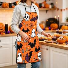 This Halloween-Themed Skull, Ghost And Bat Print Cooking Apron Is Perfect For Kitchen Parties, Durable And Easy To Clean, A Kitchen Essential. Suitable For Cooking, Baking, And Also As A Halloween Gift. - Multicolor - View 2