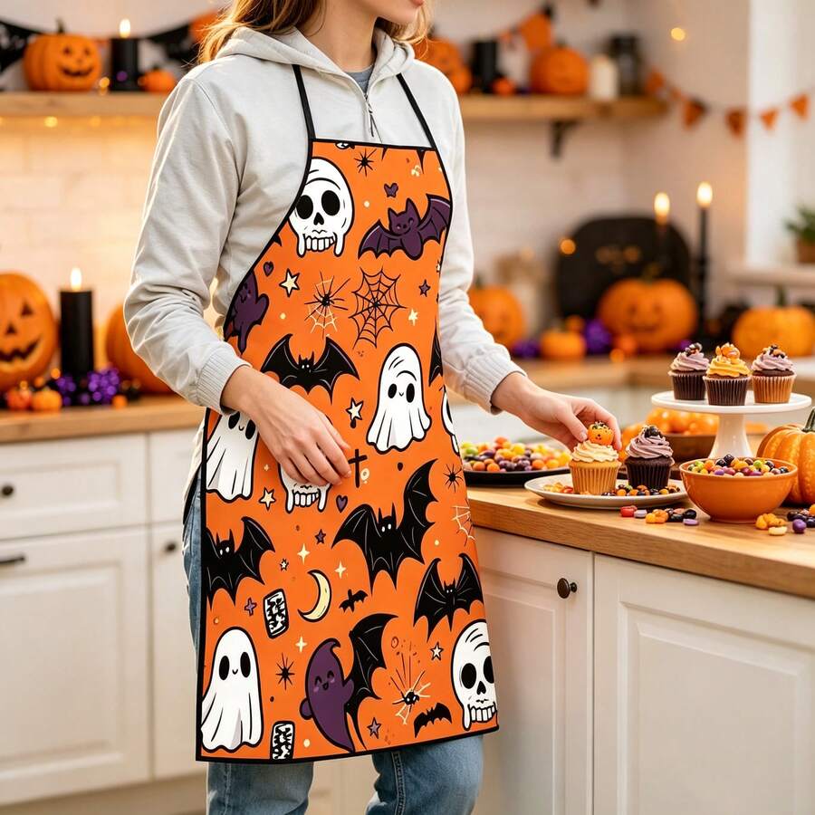 This Halloween-Themed Skull, Ghost And Bat Print Cooking Apron Is Perfect For Kitchen Parties, Durable And Easy To Clean, A Kitchen Essential. Suitable For Cooking, Baking, And Also As A Halloween Gift. - Multicolor - View 1