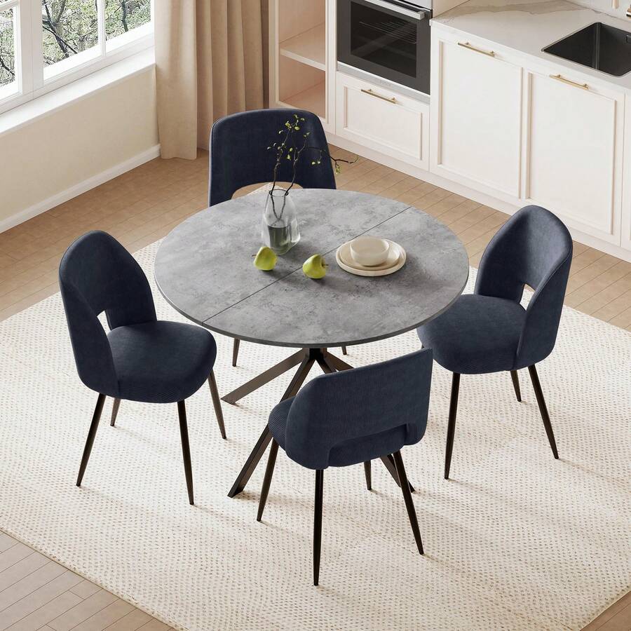Folding Dining Table And Chairs Set Of 4, Easy Clean Round Dining Table With Padded Chairs Durable Dining Furniture Set Suitable For Dining Room And Kitchen - Grey Table + Dark Blue Chair - View 1