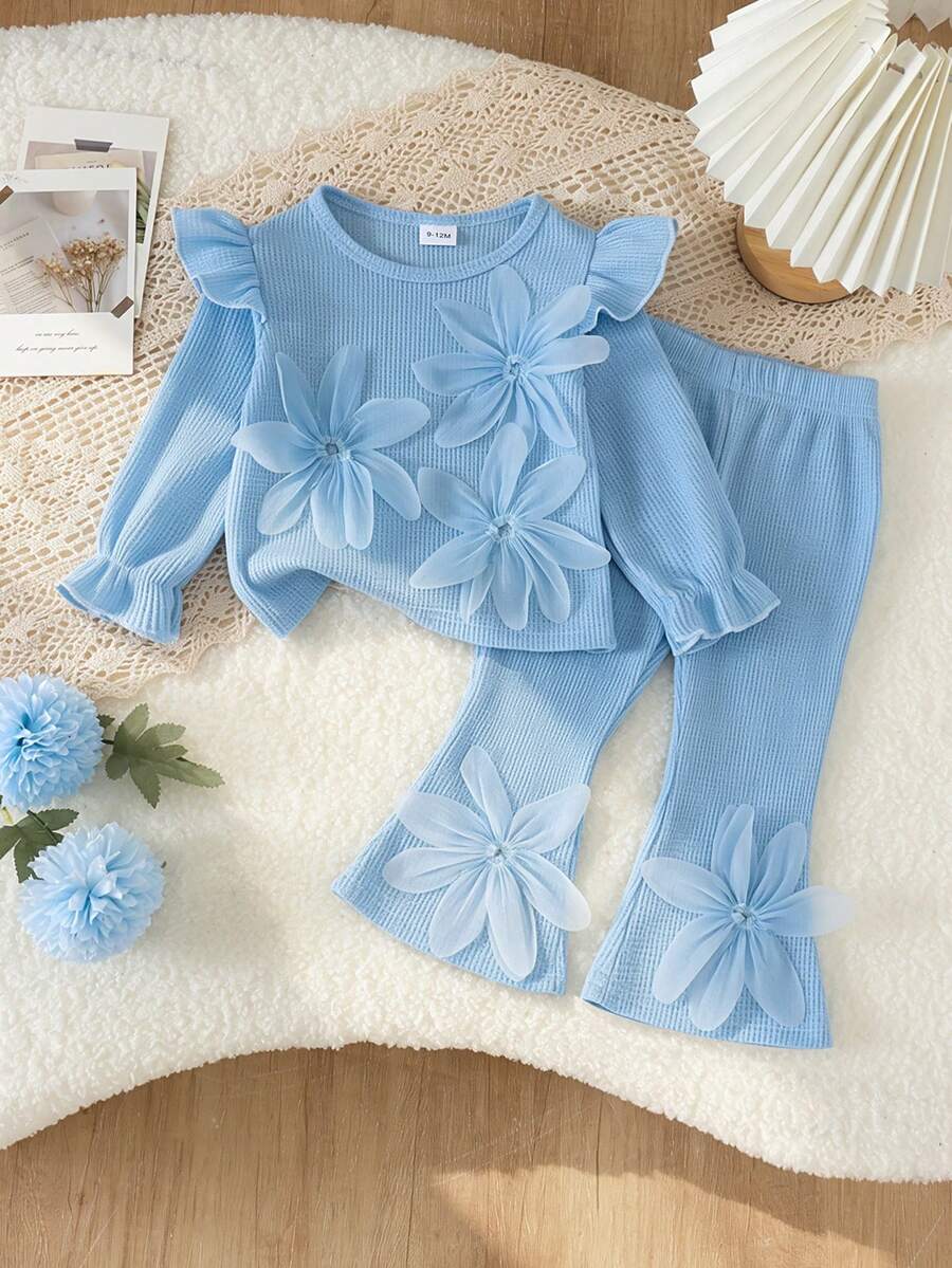 2pcs Baby Girl Fresh Girl Style Flutter Sleeve 3D Tulle Flower Long Sleeve Top & Large Floral Hem Flared Long Pants Set, Spring/Autumn - Baby Blue - View 1