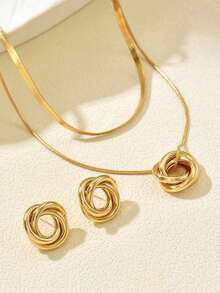 3pcs/Set Gold Layered Snake Chain Necklace And Earrings Jewelry Set, Geometric Ring Pendant Necklace, Simple And Elegant, Suitable For Daily/Party Wear - Yellow Gold - View 3