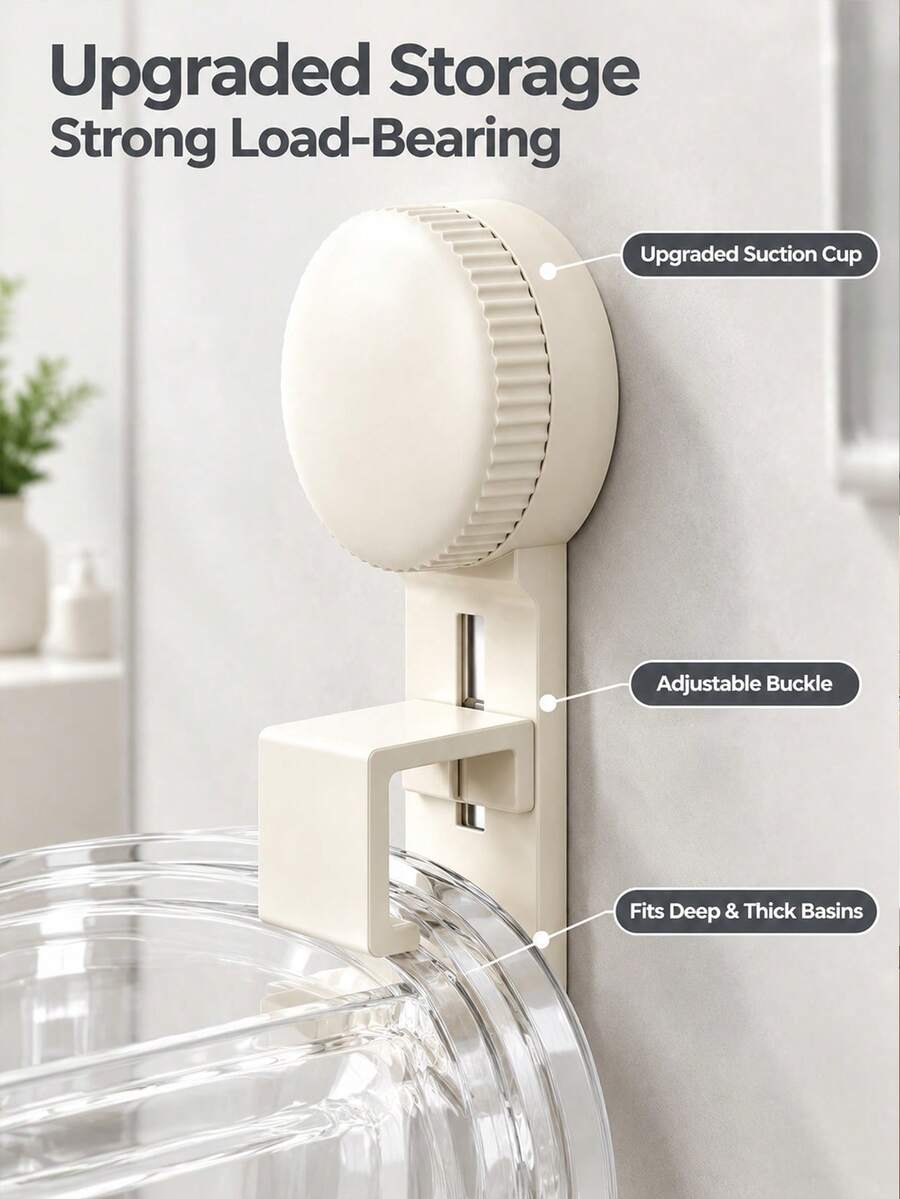 Suction Cup Drill-Free Wash Basin Hook, Wall-Mounted Adjustable Basin Storage Rack, Bathroom Hanging Basin Organizer, Suitable For Wash Basins And Folding Basins. Knob Lock Suction Adhesion Securely, Height Can Be Adjusted Freely, Removable And Relocatable Without Leaving Residue, Installable On Smooth Walls Like Tiles, Free Up Countertop Space, Say Goodbye To Bathroom Clutter, Multi-Scenario Use In Bathrooms, Toilets, Balconies, Suitable For Renters And Homeowners, Minimalist Design Fits Various Home Decor. - Multicolor - View 1
