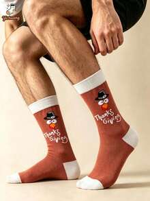 1 Pair Thanksgiving Turkey Letter Pattern Mid-Calf Socks, Autumn Holiday Letter Casual Gift Socks, Unisex Autumn/Winter Sports Socks - Multicolor - View 1