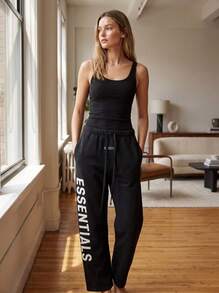 Fear Of God Essentials FW24 Black Straight‑Leg Fleece Sweatpants, Oversized Relaxed Fit Drawstring Trousers For Daily Street Outfit, Casual Hangout - Black - View 8