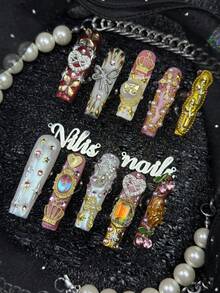10pcs Handmade Full Cover Rectangular Nail Tips, 3D Crown Bow Angel Pendant Pearl Rhinestone Pink White Vintage False Nails, Reusable, Suitable For Party, Dancing, Daily Wear, Includes Jelly Glue And Nail File, Y2K Sweet Hot Girl Nail Art Decoration - Multicolor - View 4