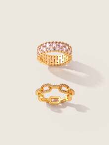 Valisandre 2pcs Minimalist Copper Gold Tone Pink Zirconia Decor Adjustable Ring Set For Women, Suitable For Daily, Party, Event - Gold - View 1