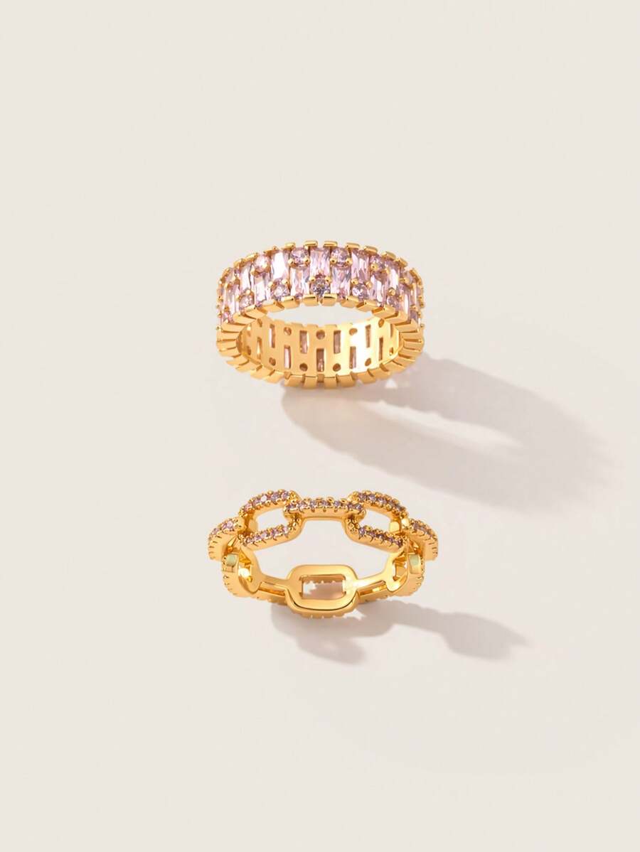 Valisandre 2pcs Minimalist Copper Gold Tone Pink Zirconia Decor Adjustable Ring Set For Women, Suitable For Daily, Party, Event - Gold - View 1