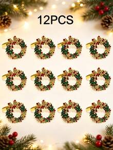 12pcs/6PCS/2PCS Christmas Painted Rhinestone Napkin Rings, Assorted Exquisite Christmas Napkin Rings, Christmas Home Party Table Decor Metal Napkin Rings, Christmas Restaurant Hotel Party Decor - Multicolor - View 29