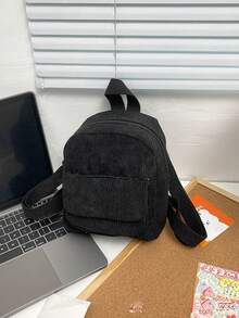 Fashionable And Versatile Solid Color Corduroy Laptop Work Backpack For Women, Mini Water Resistant Campus Daypack For High School College, - Black - View 5