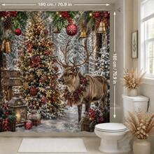 1pc/4pcs Forest Snow Scene Deer Pattern Multi-Functional Bathroom Decor Shower Curtain Set, Free 12 Hooks, Premium Holiday Atmosphere, Bathroom Mat, U-Shaped Floor Mat And Round Toilet Lid Cover, Suitable For All Occasions, Bathroom Set - Forest Snow Reindeer - View 13