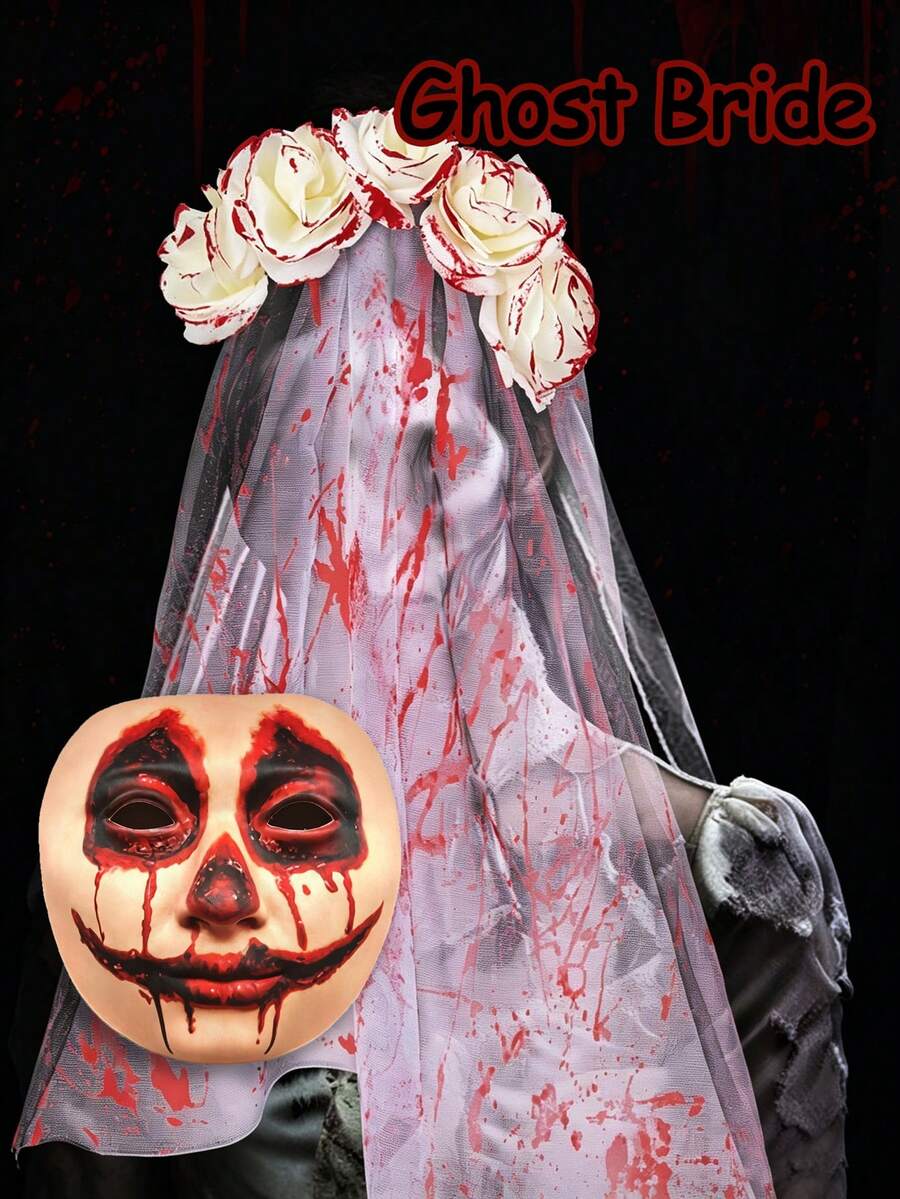 2pcs/1set Halloween Bride Veil Vintage Rose Gothic Dark Headpiece Ghost Bride Set - Multicolor - View 1