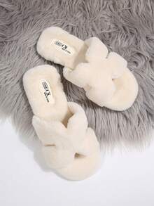 2026 New Cloud-Like Soft Style Autumn/Winter Plush H-Strap Slippers For Women, Open Toe Faux Rabbit Fur House Slippers, Soft Non-Slip Indoor/Outdoor Wearable Cotton Plush Slouchy Slippers - White - View 2