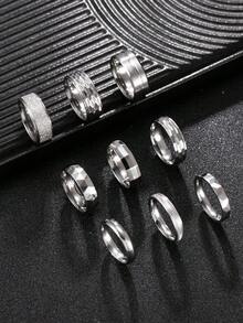 9pcs/Set Men's Stainless Steel Rings, Sports Style Jewelry, Silver Fashion Accessories, Polished & Matte Texture, Suitable As Gift For Boyfriend, Husband, Selected Gift For Halloween, New Year - Silver - View 4