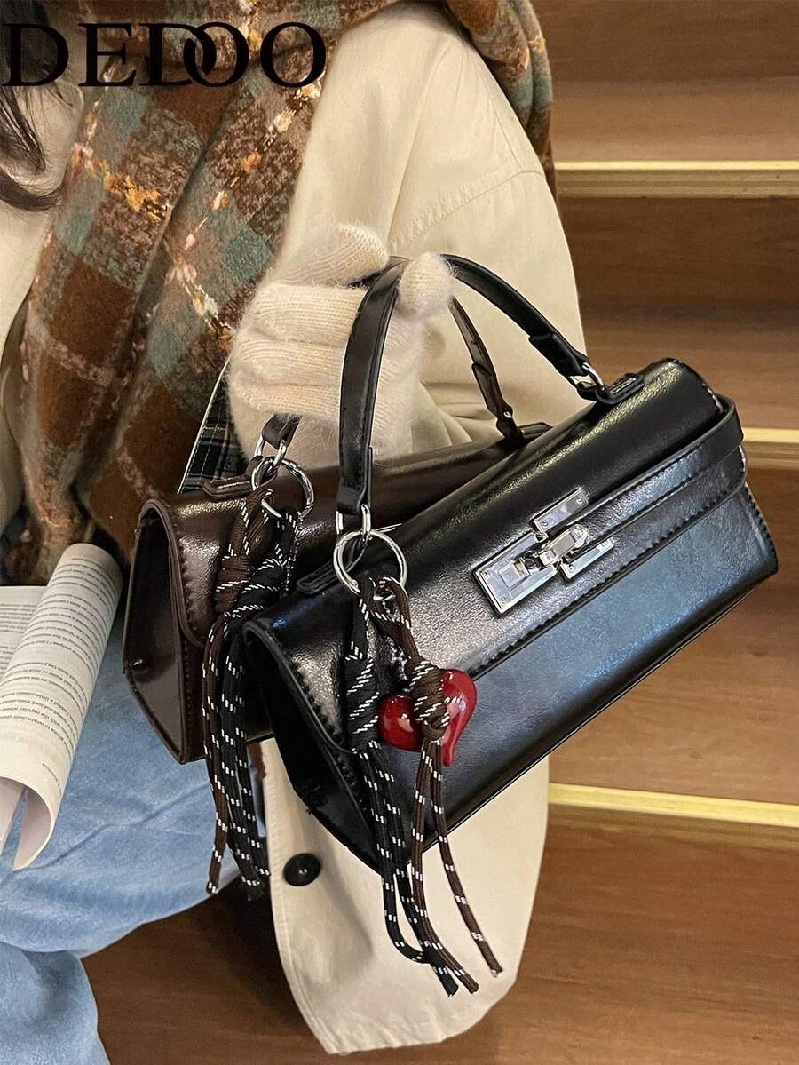Dedoo 女款斜挎包法棍包，純色無圖案，PU材質，金屬鎖扣，可拆卸肩帶，便攜收納，復古辣妹風，日常通勤約會女款小包，無吊飾