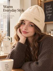 1pc Classic Metal Tag Knit Beanie, Unisex Solid Color Ribbed Rolled Edge Brimless Casual Hat, Soft & Warm For Autumn/Winter Daily Wear - Metal Logo Solid Color - View 9