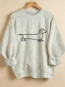 Women's Casual Crew Neck Sweatshirt, Decorated With Minimalist Black Line Dachshund Print, Simple And Versatile, Suitable For Daily Wear - Light Grey - View 9